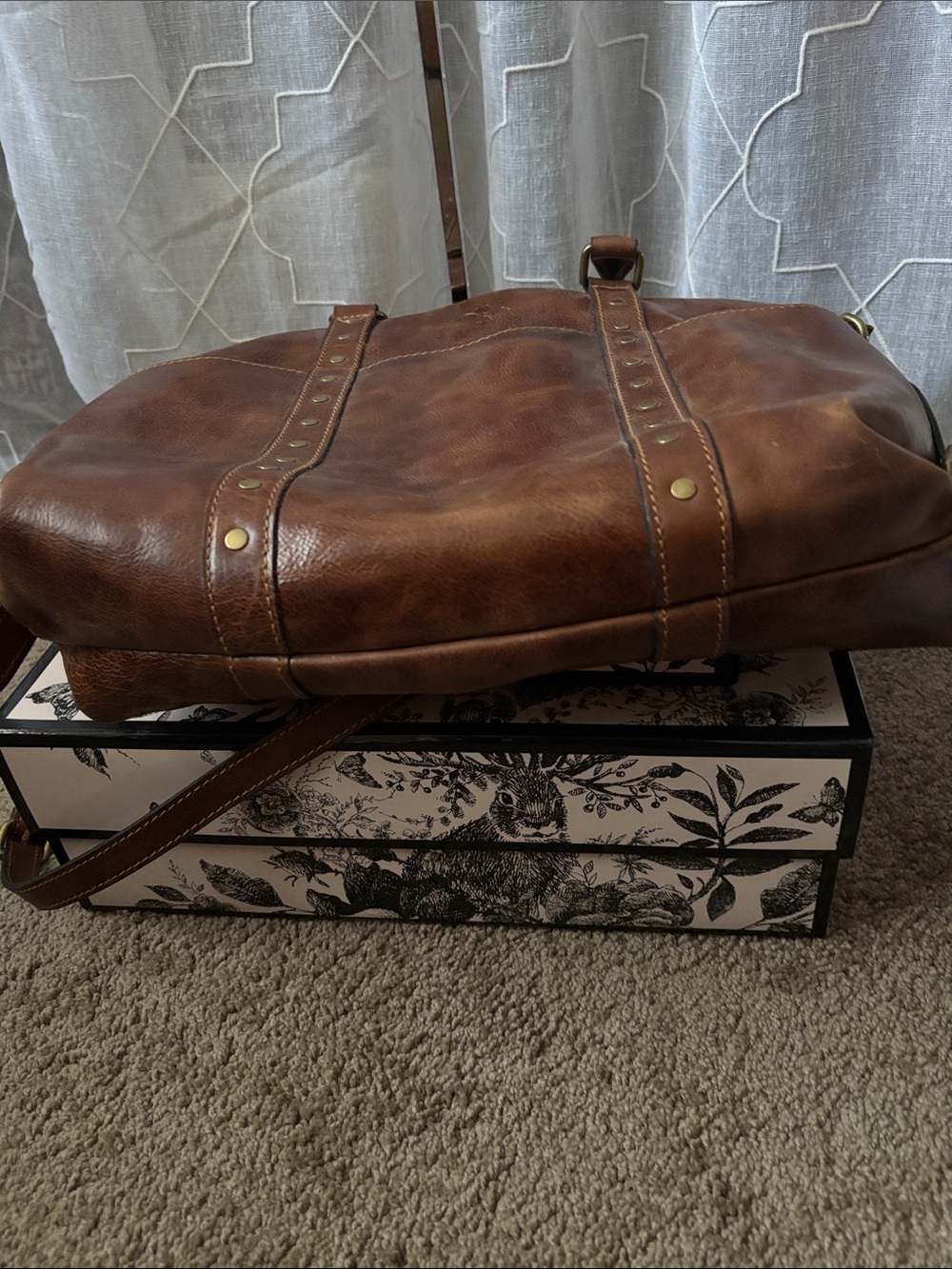 Distressed Brown Leather Tote Bag with Stud Details by Patricia Nash - Picture 14 of 15
